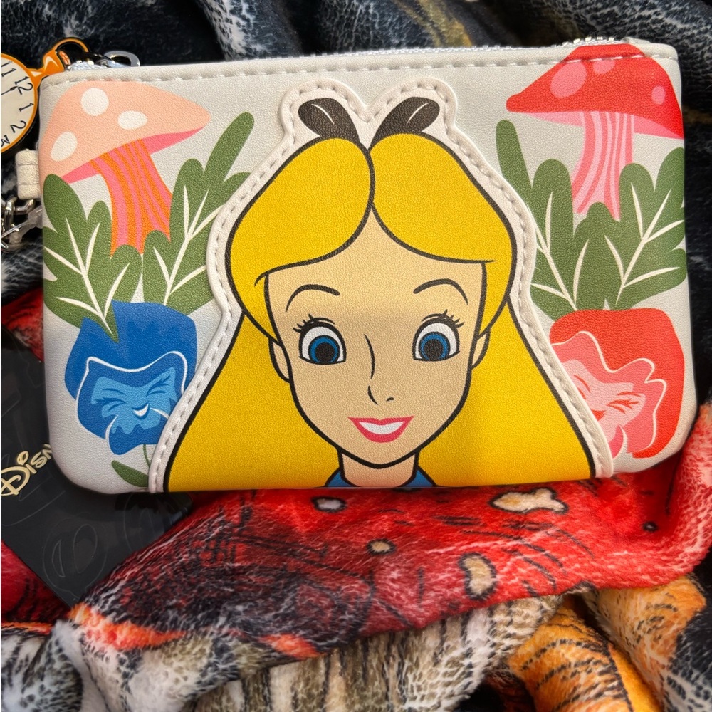 NWT. Disney Alice in Wonderland coin purse/ID case w/ chain & clock zipper pull.